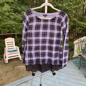 Torrid gray and pink plaid sweater with sheer hem